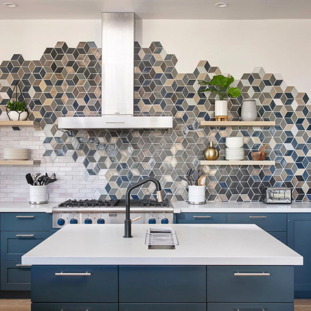 blue and grey diamond tile backsplash