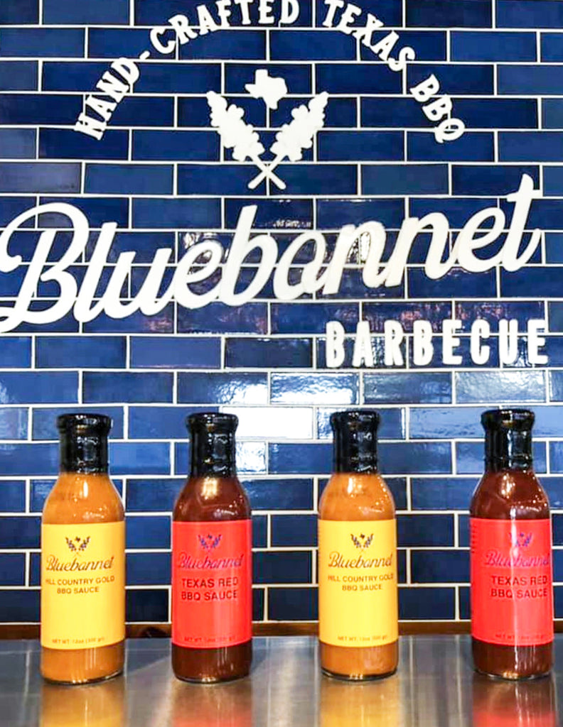 Bluebonnet Barbecue Hot Sauces + Tiled Logo Wall