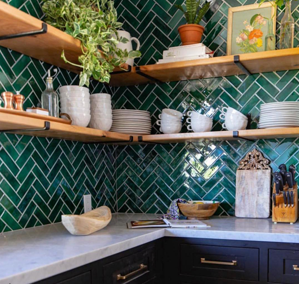 bohemian kitchen herringbone tile