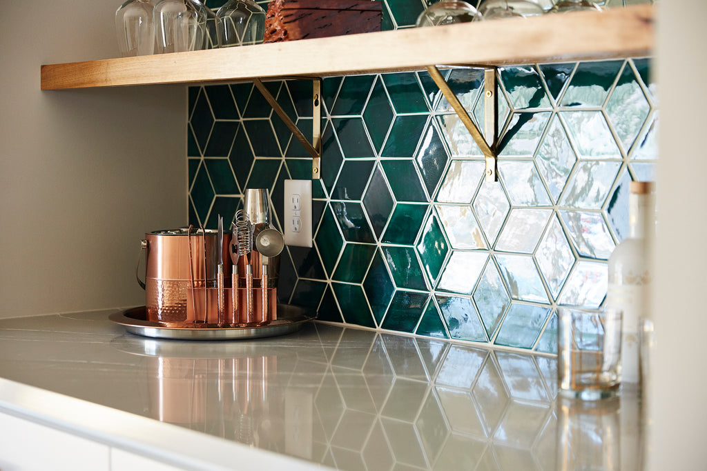 emerald green diamond tile backsplash