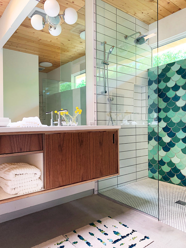 blue green fish scale shower tile