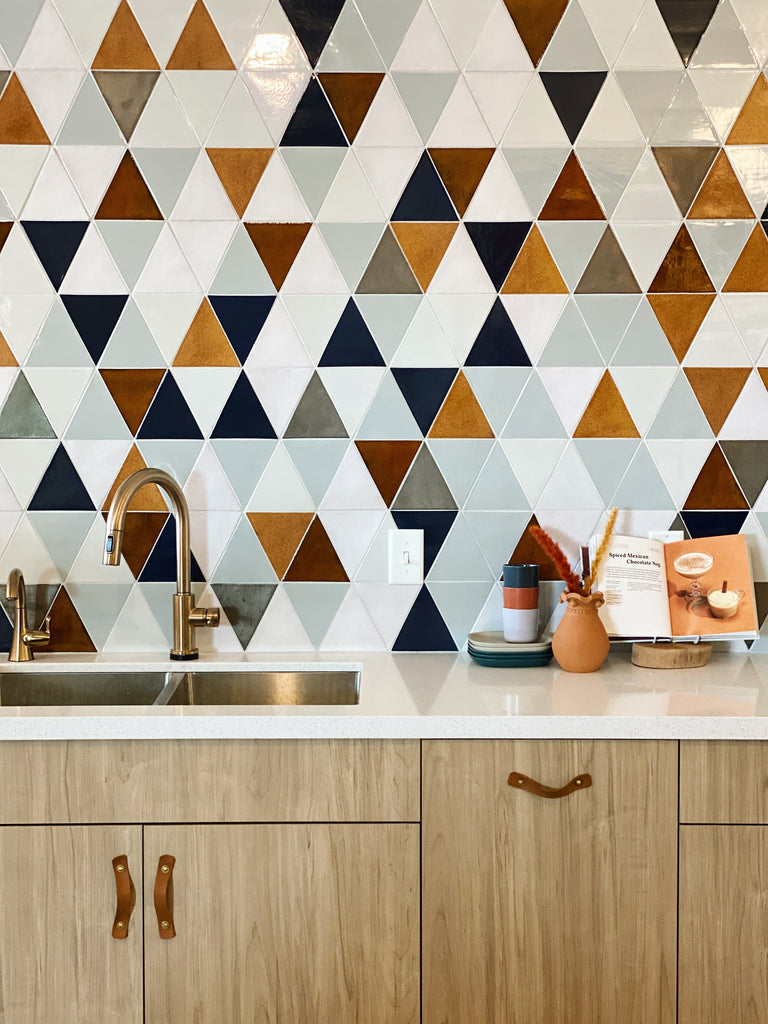 color blend triangle backsplash tile
