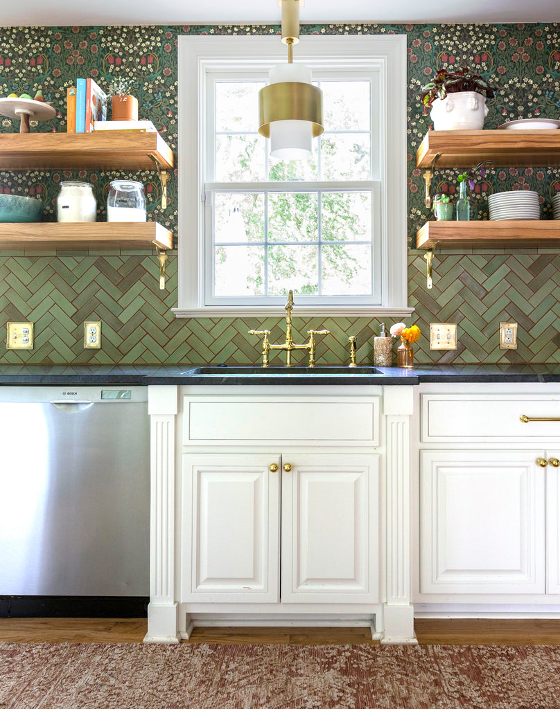 Blooming Maximalist Kitchen with Herringbone Tile – Mercury Mosaics