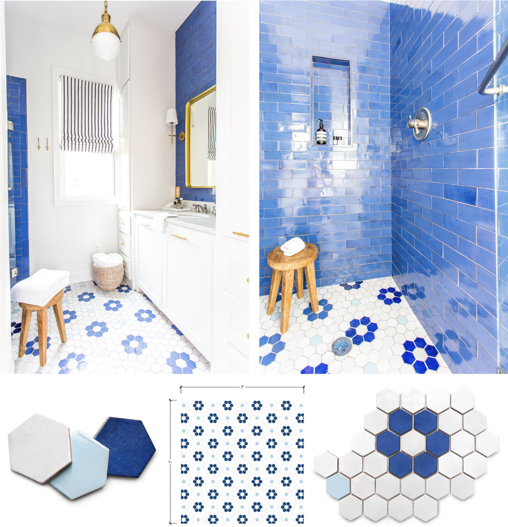 Hexagon Floral Pattern Bathroom Floor