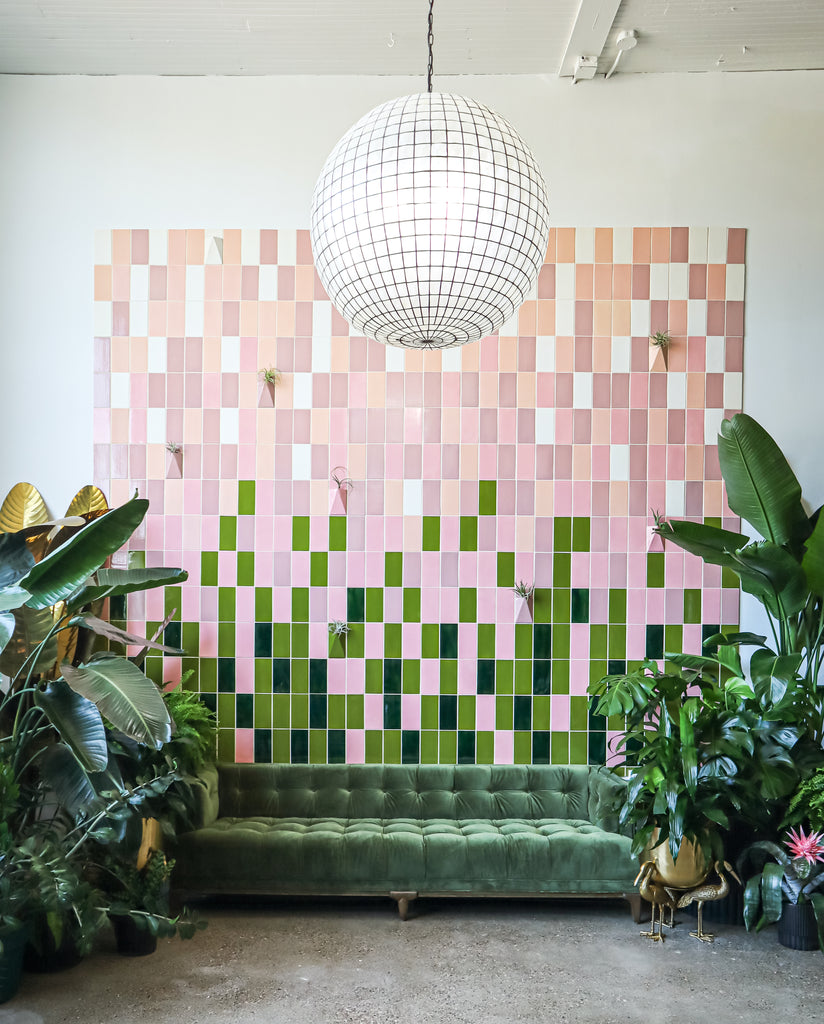custom tile plant wall pink and green tile