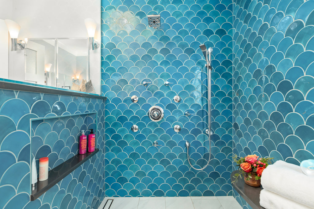 santorini style bathroom blue fish scale tile