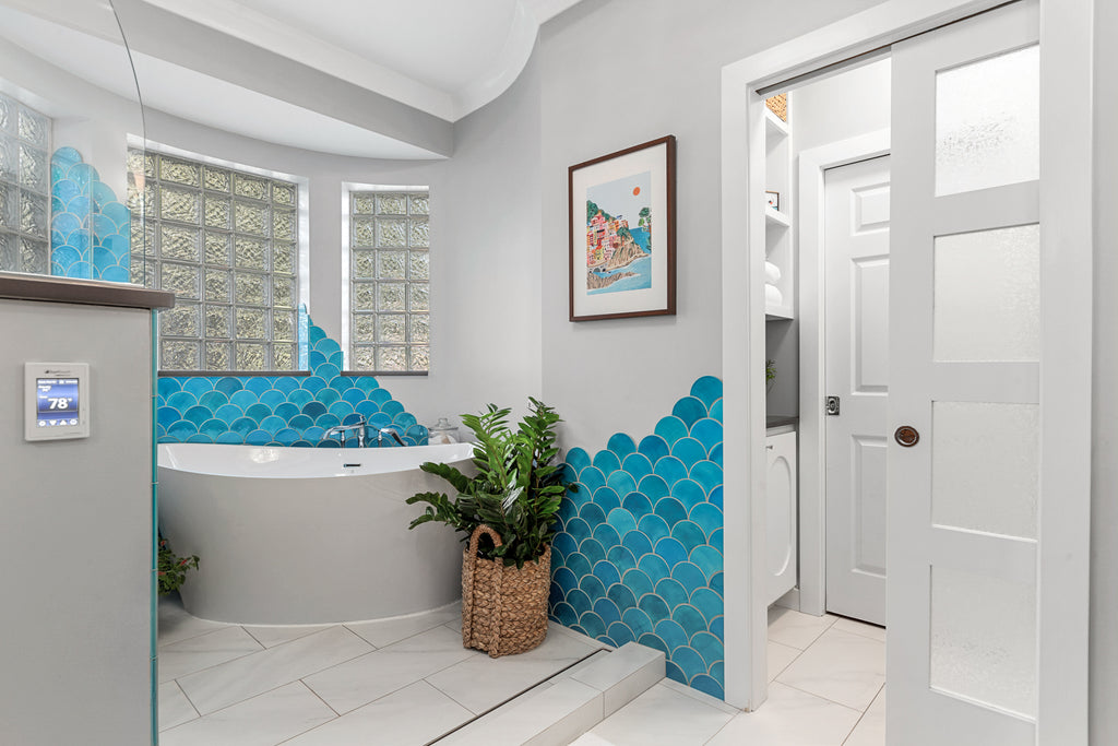 santorini style bathroom blue fish scale tile