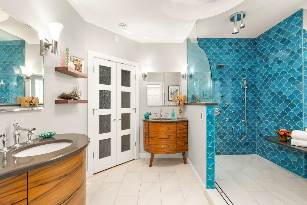 santorini style bathroom blue fish scale tile