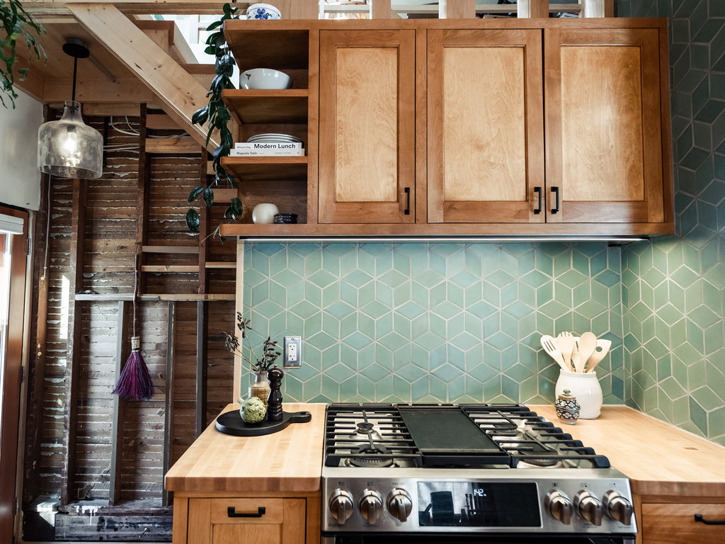 Rustic sage green kitchen tile backsplash