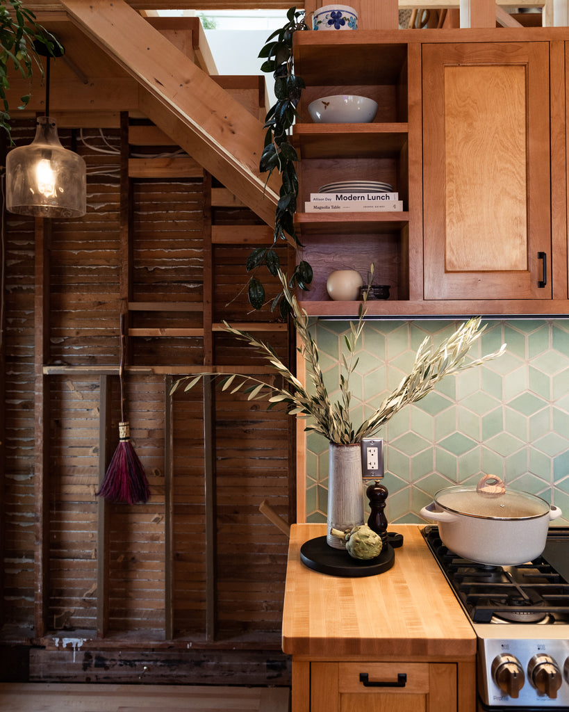 Rustic sage green kitchen tile backsplash