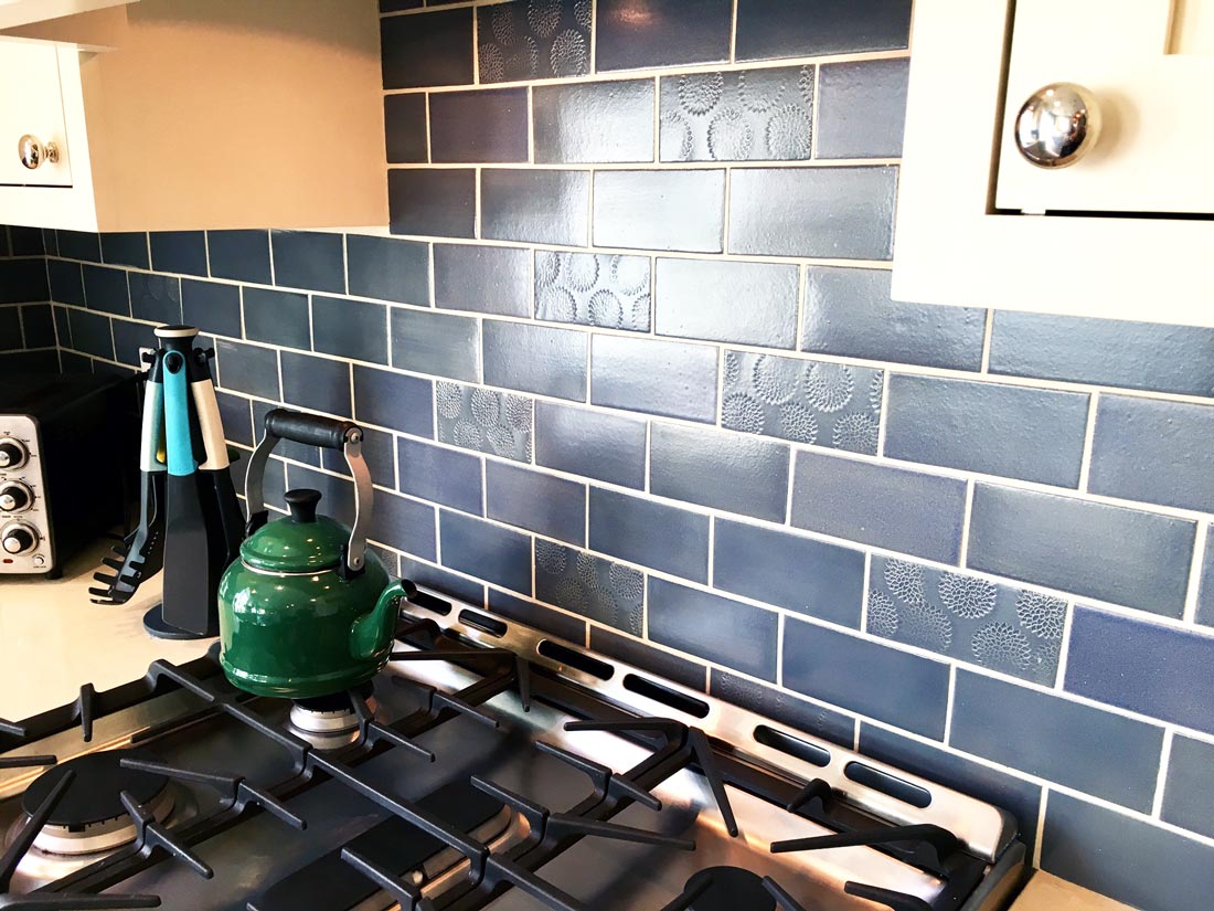 Blue Subway Tile and Copper Kitchen - Mercury Mosaics