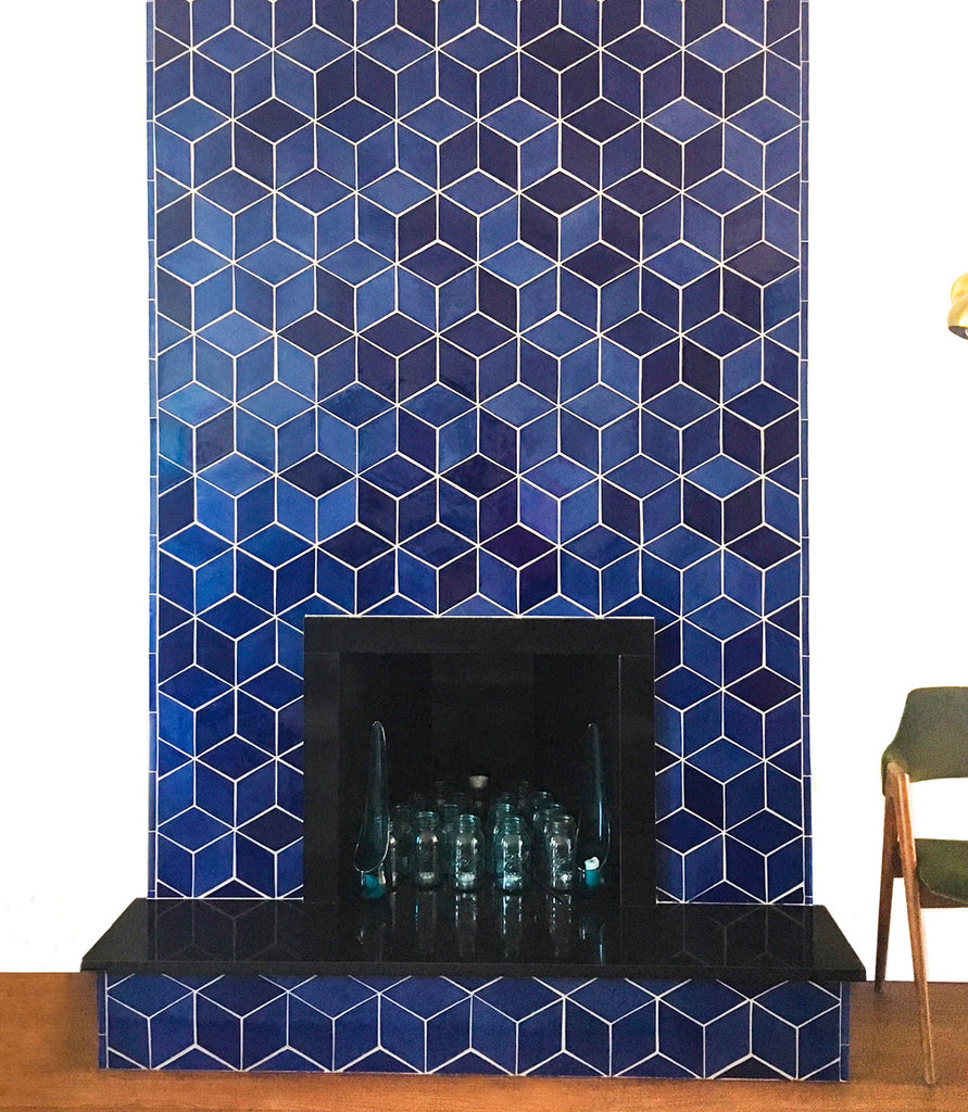 blue contemporary fireplace tile