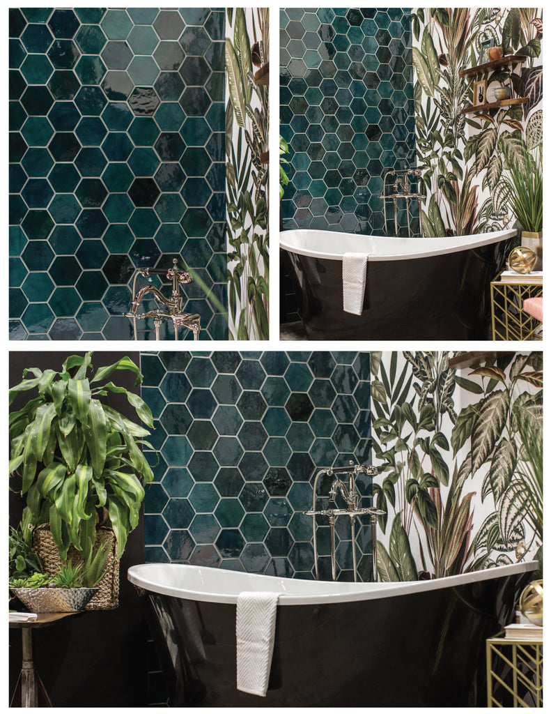 Bohemian Bathroom with Hexagon Tiled Wall
