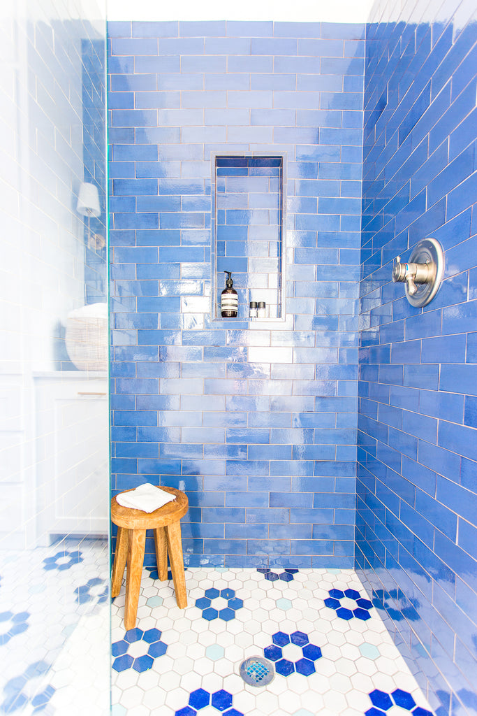 blue and white flower hexagon floor tile