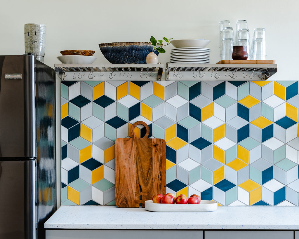 custom tile mosaic reception desk lobby kitchen