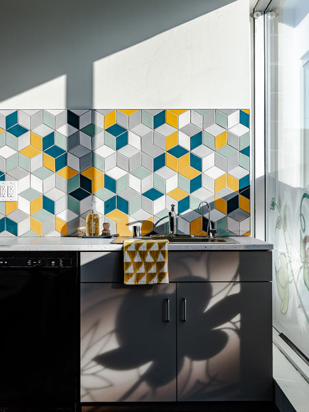 custom tile mosaic reception desk lobby kitchen