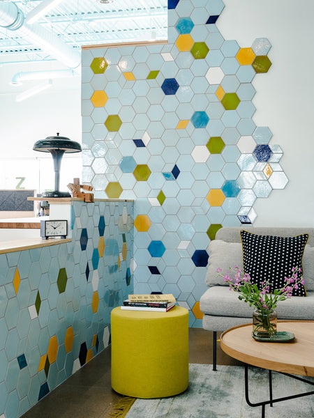 custom tile mosaic reception desk lobby