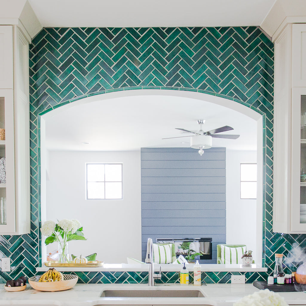 traditional modern herringbone backsplash