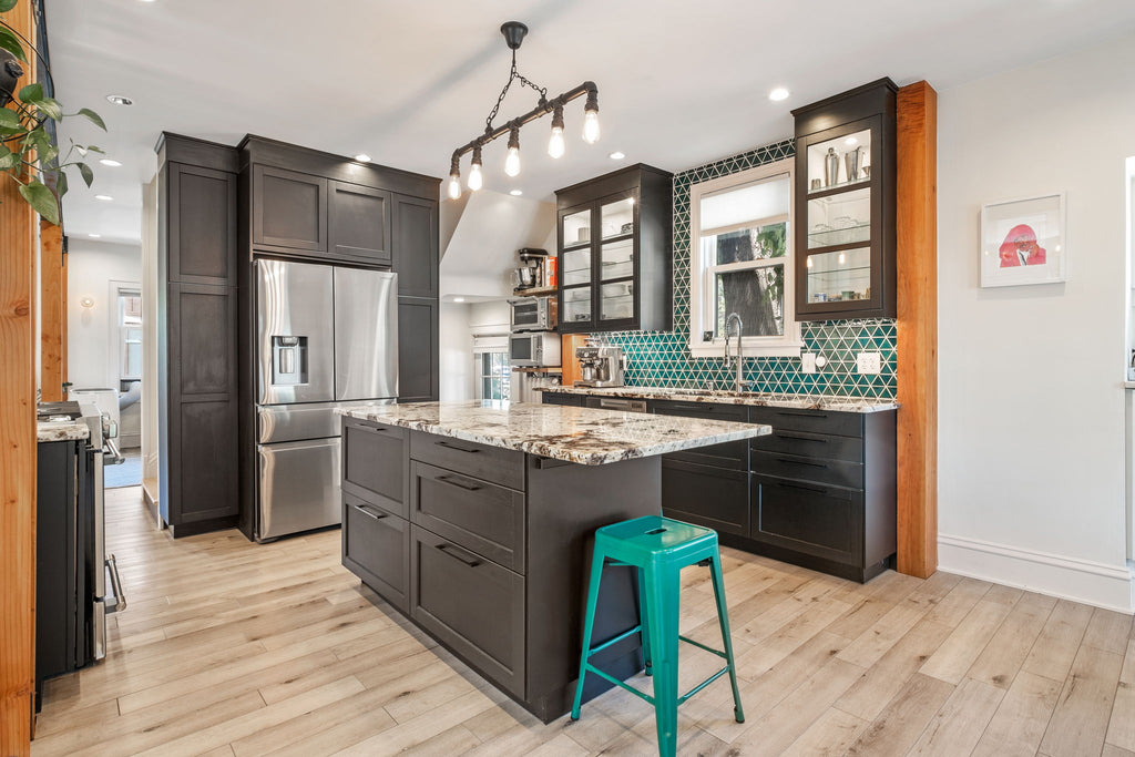 Contemporary Kitchen with Teal Triangle Tiled Backsplash
