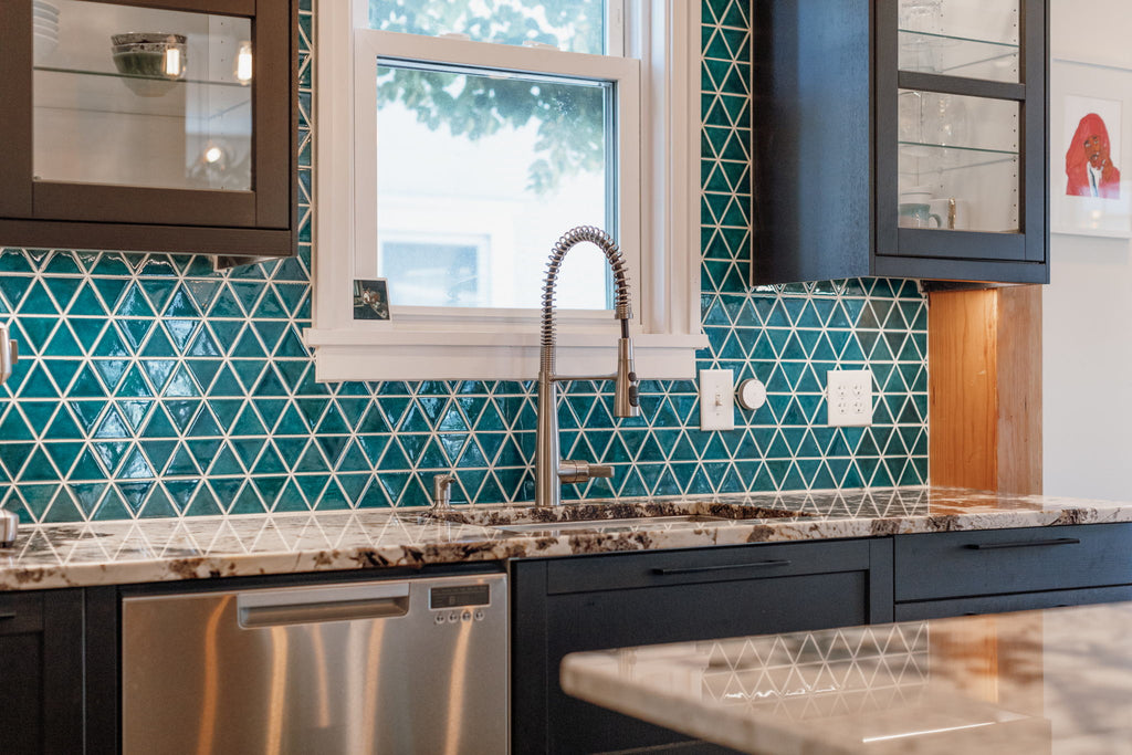 Contemporary Teal Triangle Backsplash