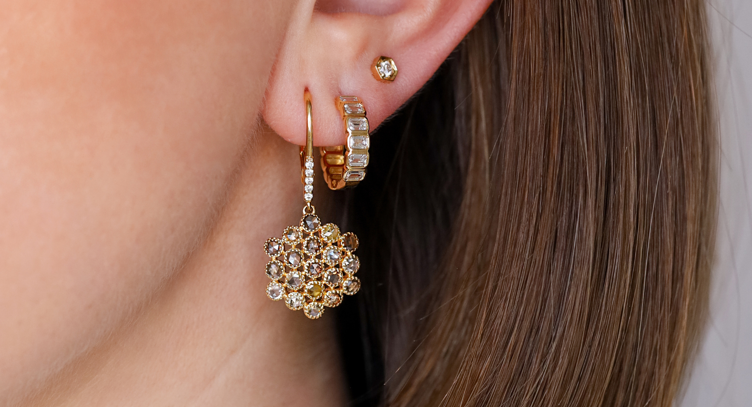 Model wears Sethi Couture Josephine Multi-Color Diamond Drop Earrings