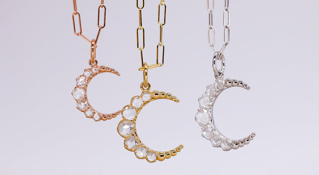 Three Crescent Pendants in Rose Gold, Yellow Gold and White Gold