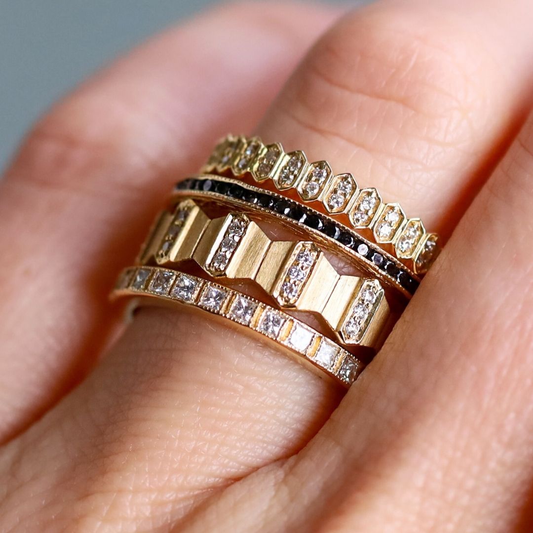 Model displays a curated Sethi ring Stack
