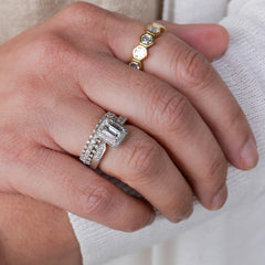 Pratima Sethi wears the Sethi Couture Adele White Diamond Band paired with the Deco White Diamond Ring as a wedding set