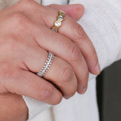 Pratima Sethi wears the Sethi Couture Adele White Diamond Band alone as a solo stacking ring