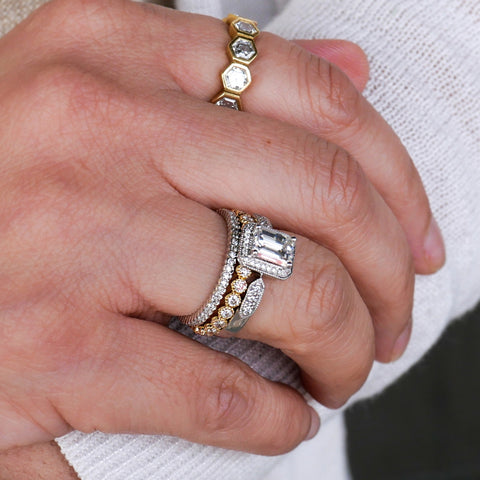 Pratima Sethi demonstrates how to mix metals with your wedding set, styled with the Scallop White Diamond Band and Deco White Diamond Ring in white gold with the Bezel White Diamond Band in yellow gold for visual color contrast