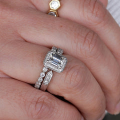 Pratima Sethi wears the Sethi Couture Bezel White Diamond Band paired with the Deco White Diamond Ring as a wedding set