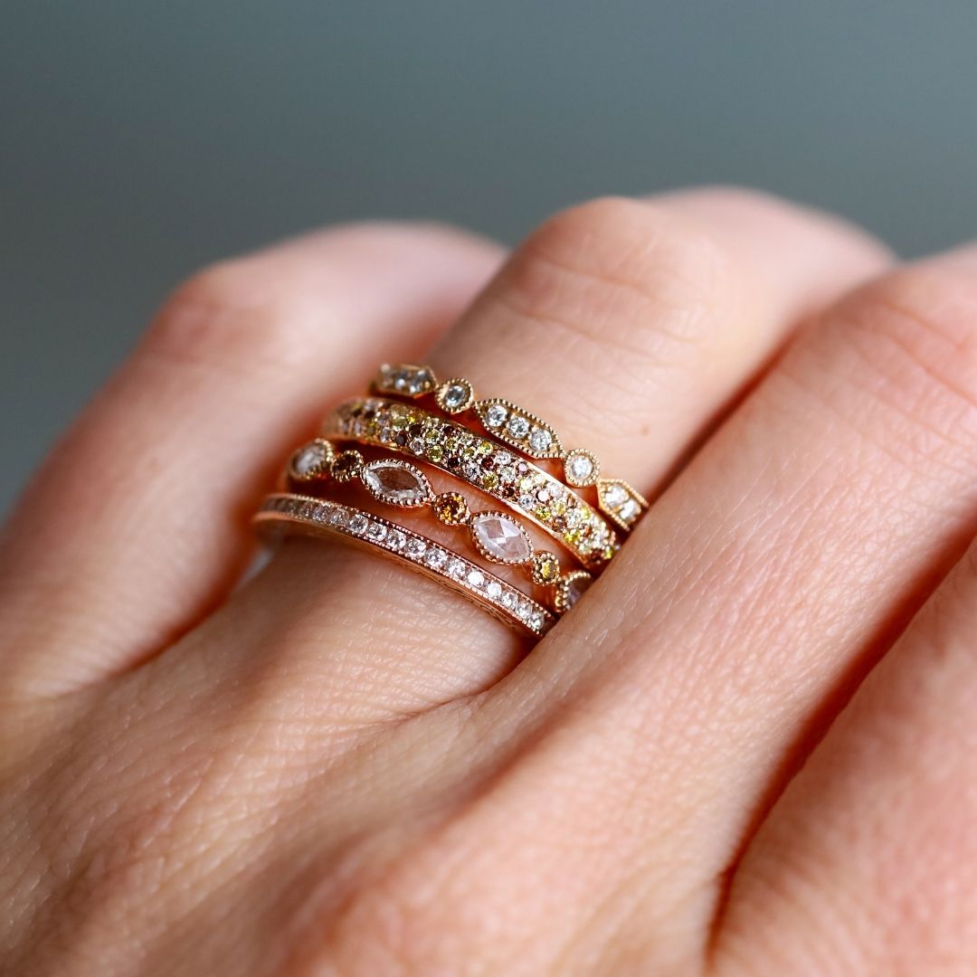 Model displays a curated Sethi ring Stack