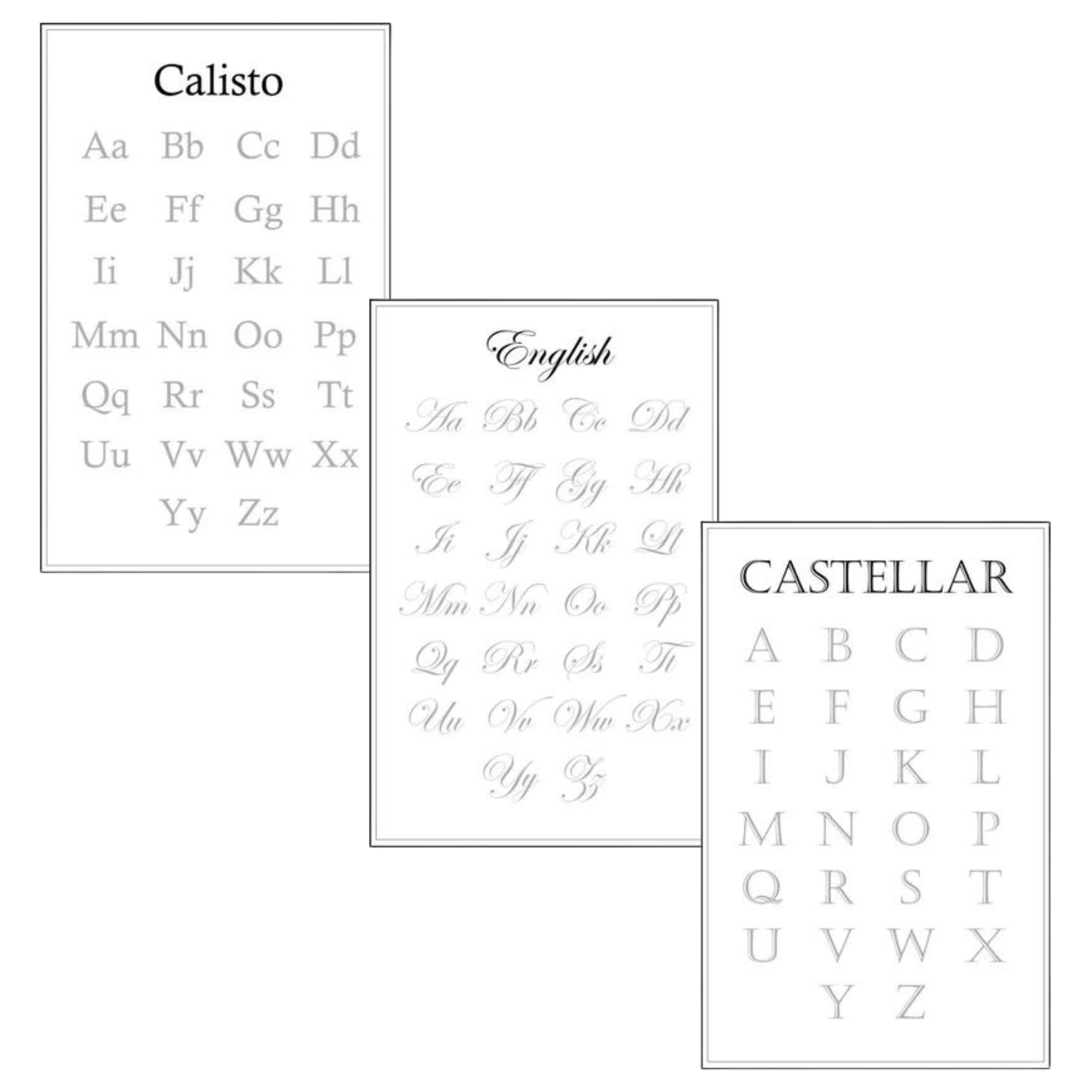 Image of Calisto, Castellar, and English custom engraving fonts