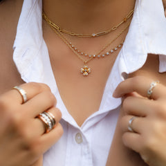 Photo of Prerna Sethi's Lola White Diamond Chain, Clover White Diamond Charm Necklace, and Mylene White Diamond Tennis Necklace