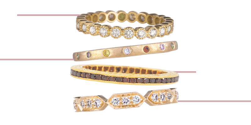 Four Sethi Couture Stacking Rings Float together to form the curated Sethi Stack Number 2, Terra