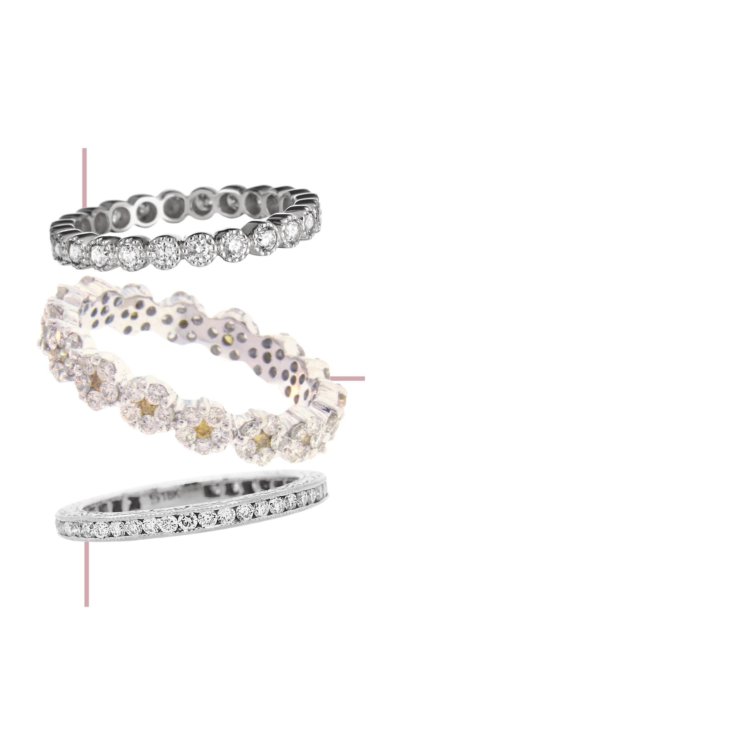 Three Sethi Couture Stacking Rings Float together to form the curated Sethi Stack Number 10, named Rosetta