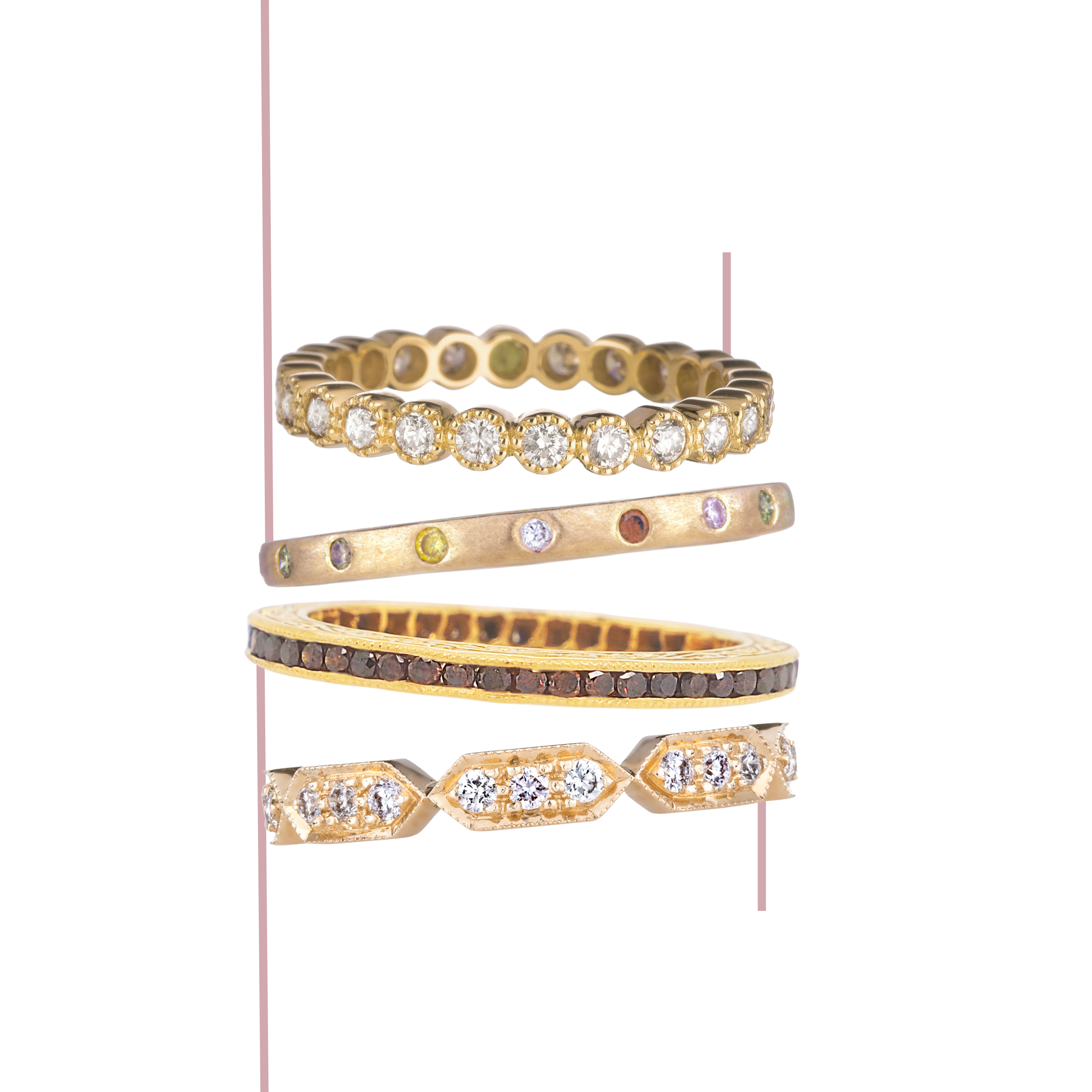 Four Sethi Couture Stacking Rings Float together to form the curated Sethi Stack Number 2, Terra