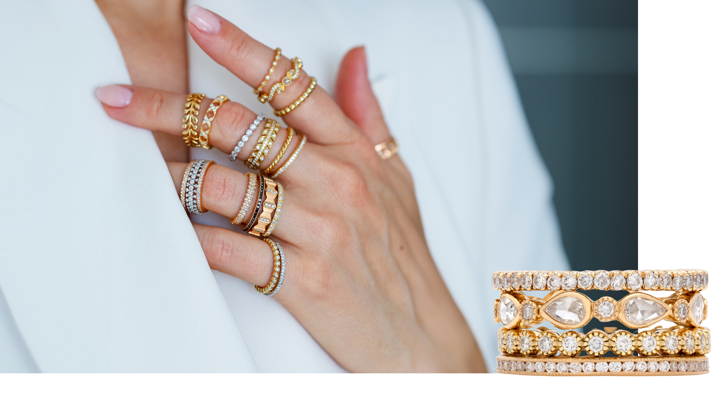 Model wears a variety of Sethi Couture Stacking Rings beside a white background image of Sethi Couture Curated Ring Stack No. 14