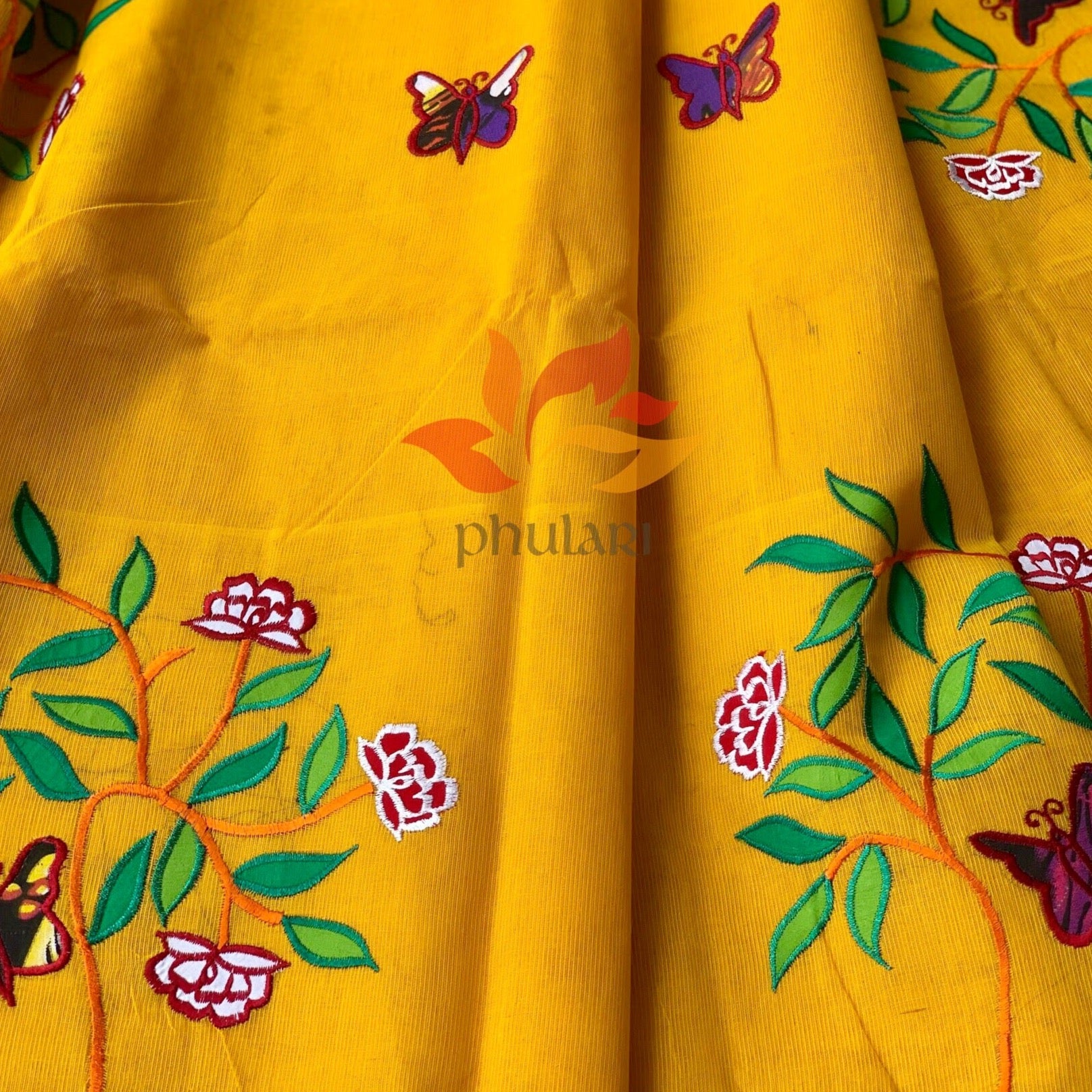 Bangladeshi Tant Saree Appliqué Work Embroidery Butterfly - Yellow ...