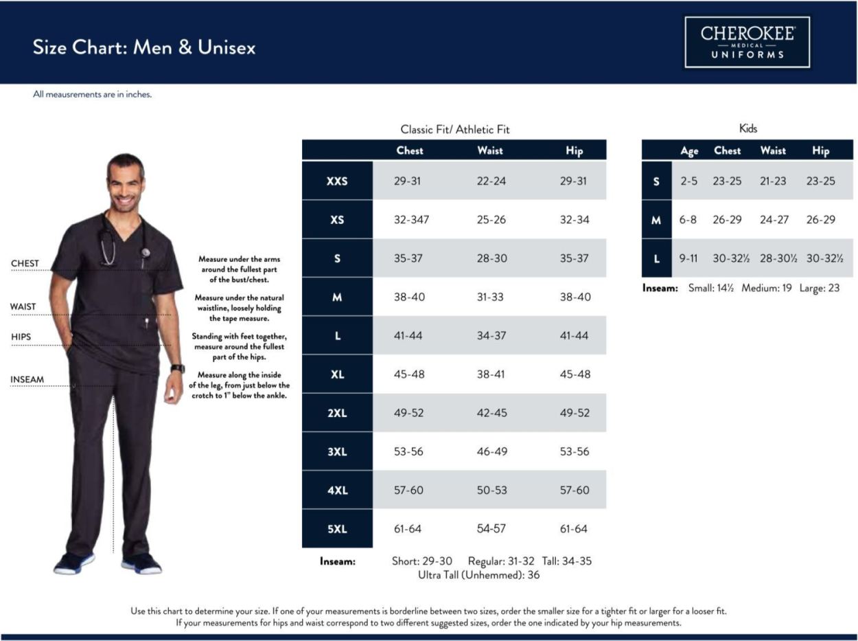 Cherokee Men's/Unisex Size Chart