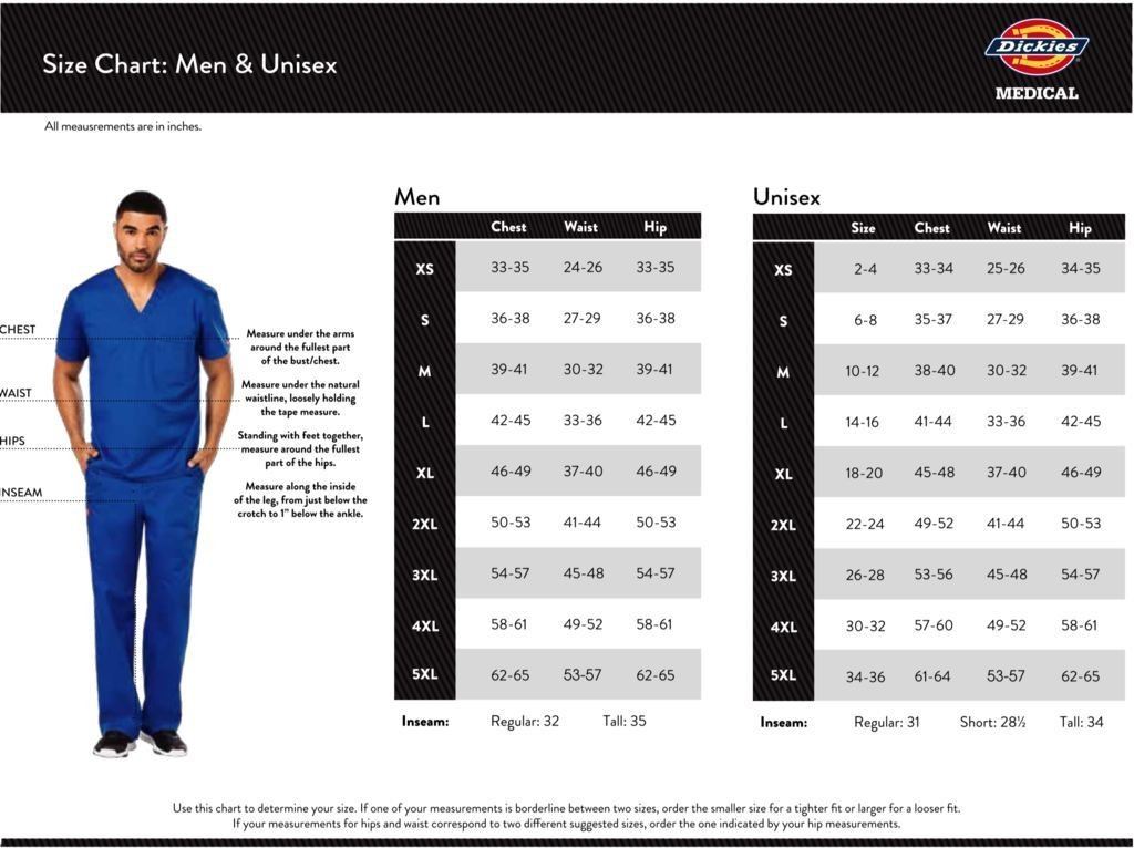 Dickies Men's/Unisex Size Chart
