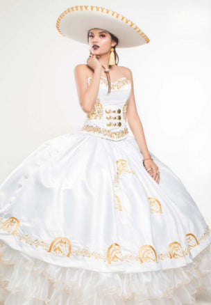 white and gold quince dress