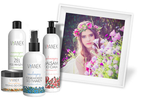 Vianek Brand skin care cosmetics and a photography of a girl with a flower crown