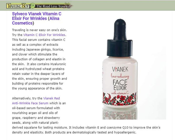 VIANEK Red Anti-Wrinkle Face Elixir with Vitamin C in Traveling Boy magazine