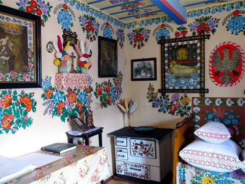indoors of the house painted in colorful floral motives