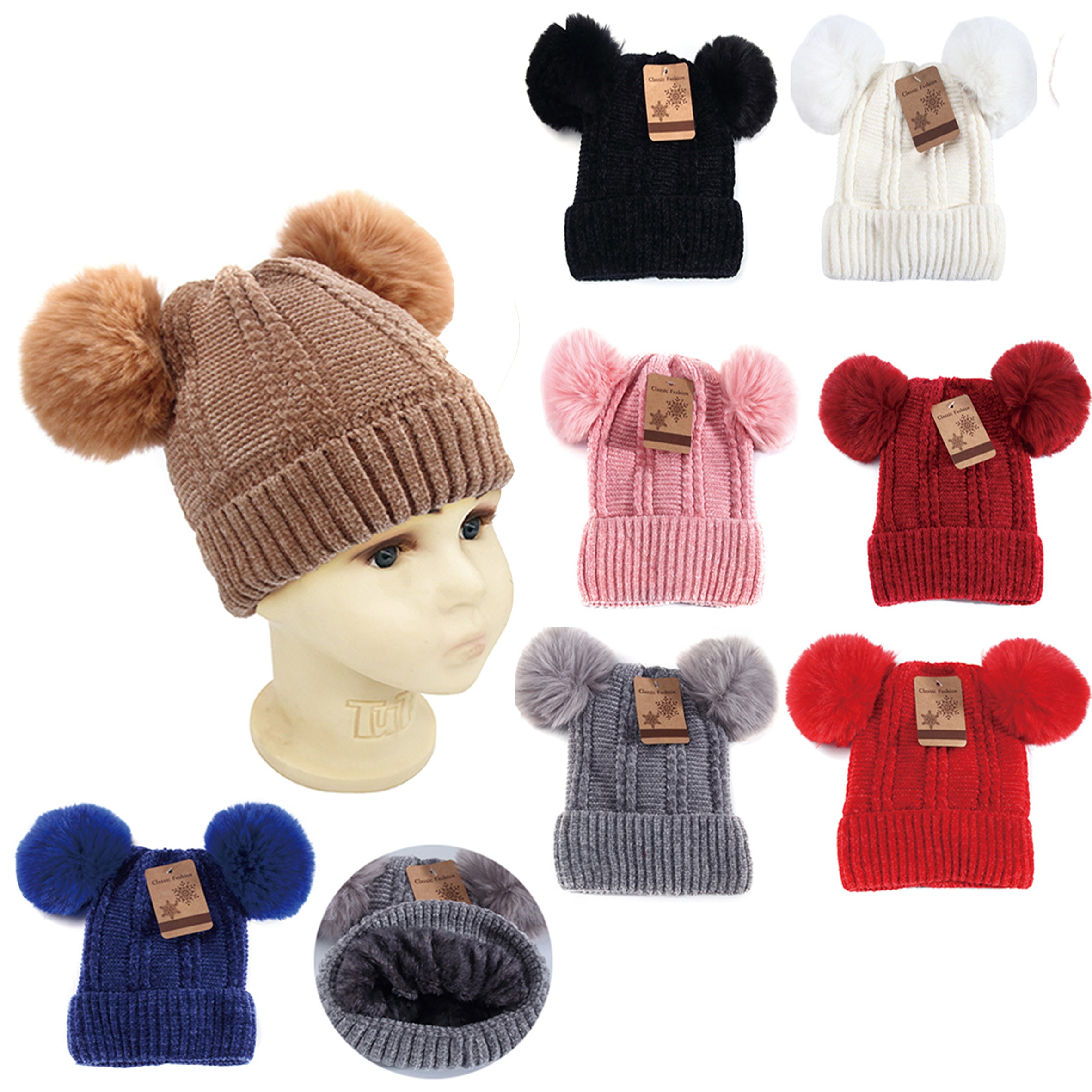 Wholesale CLOTHING Accessories Fur Chenille Children's Kids Double Ball Hat NH228