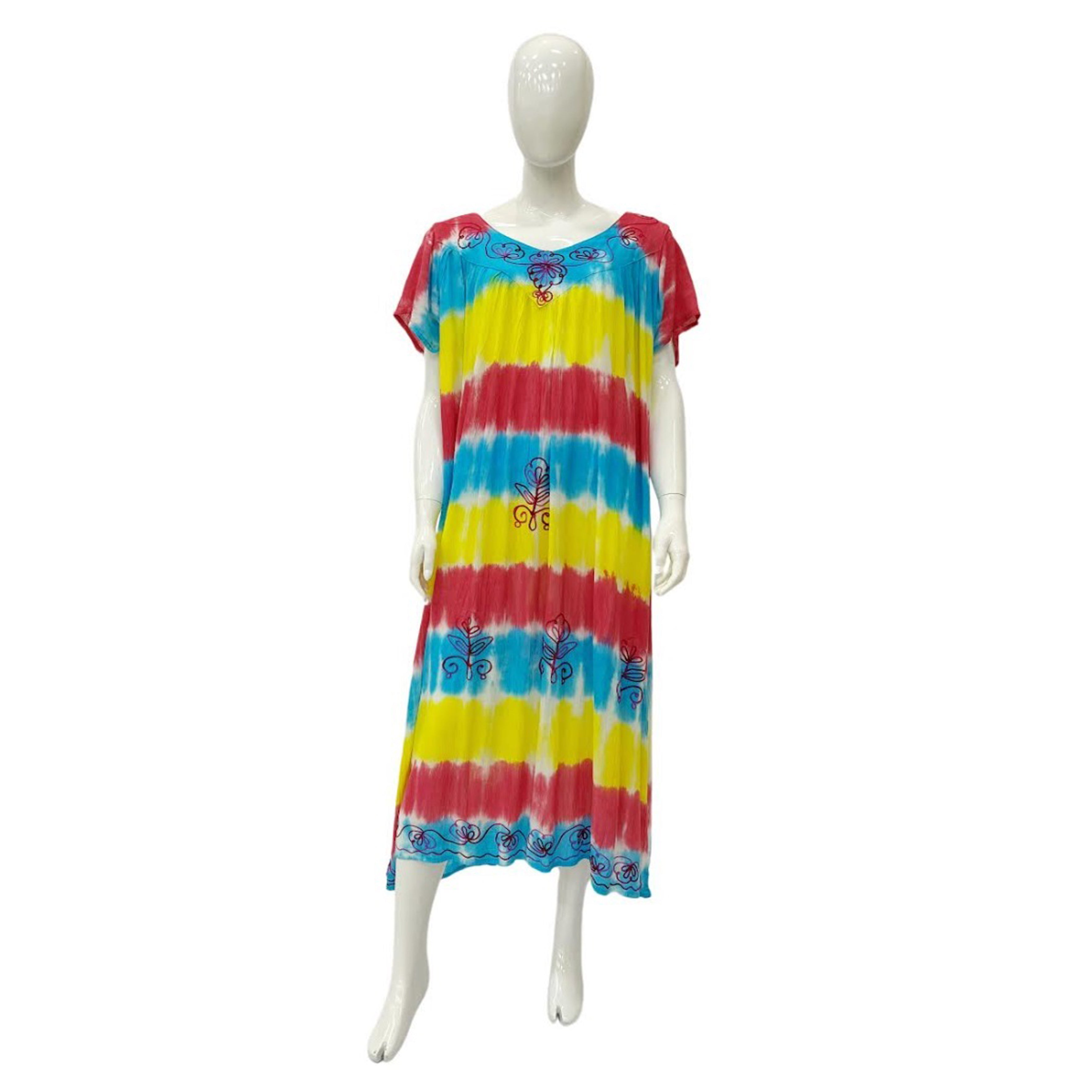 Wholesale Women's Dresses Plus Rayon Crape Tie-Dye CAP Sleeve V Neck Long withEmbedded-Handpaint-Sto