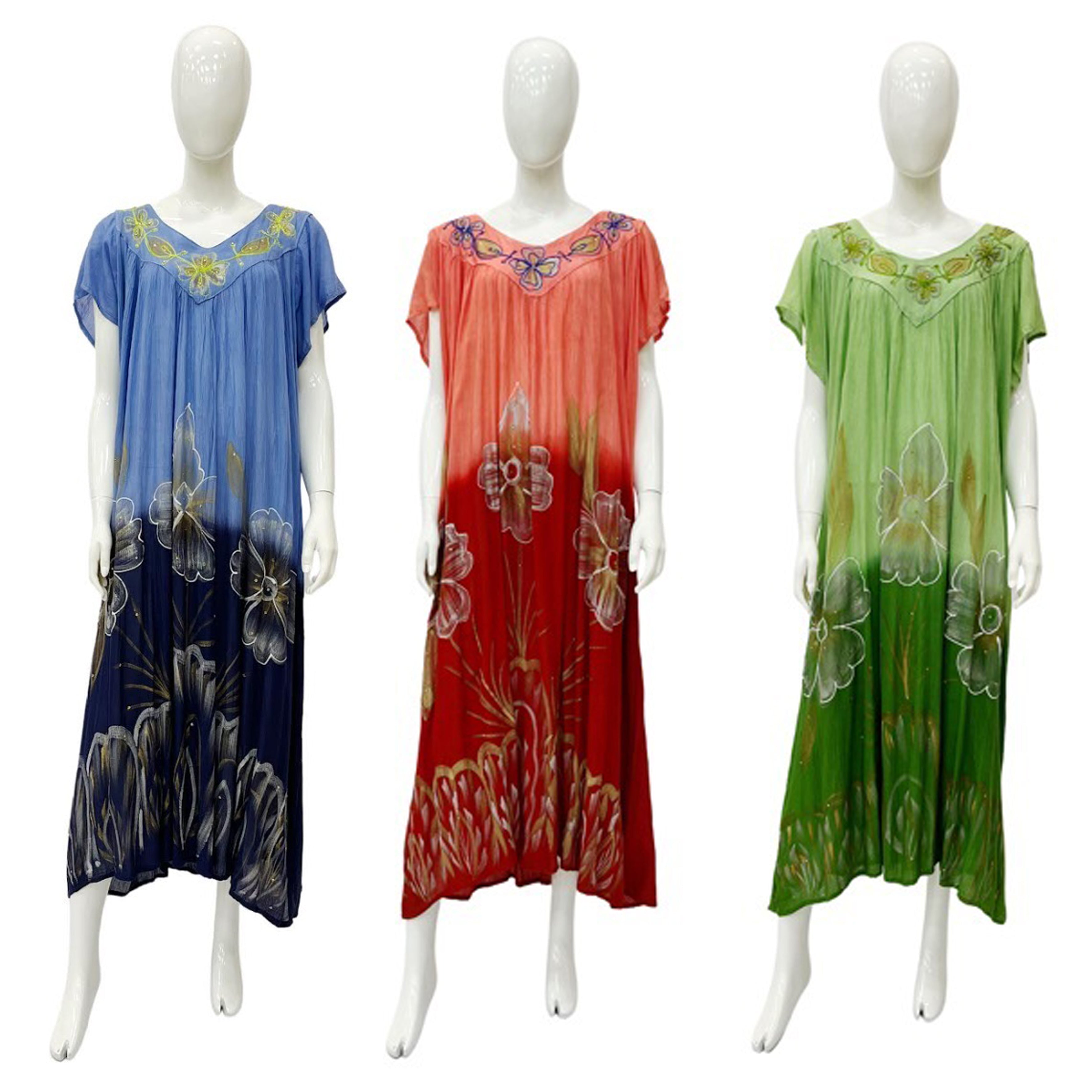 Wholesale Women's Dresses Rayon Crape Tei-Dye CAP Sleeve V Neck Long withEmbedded-Handpaint-Stone 12