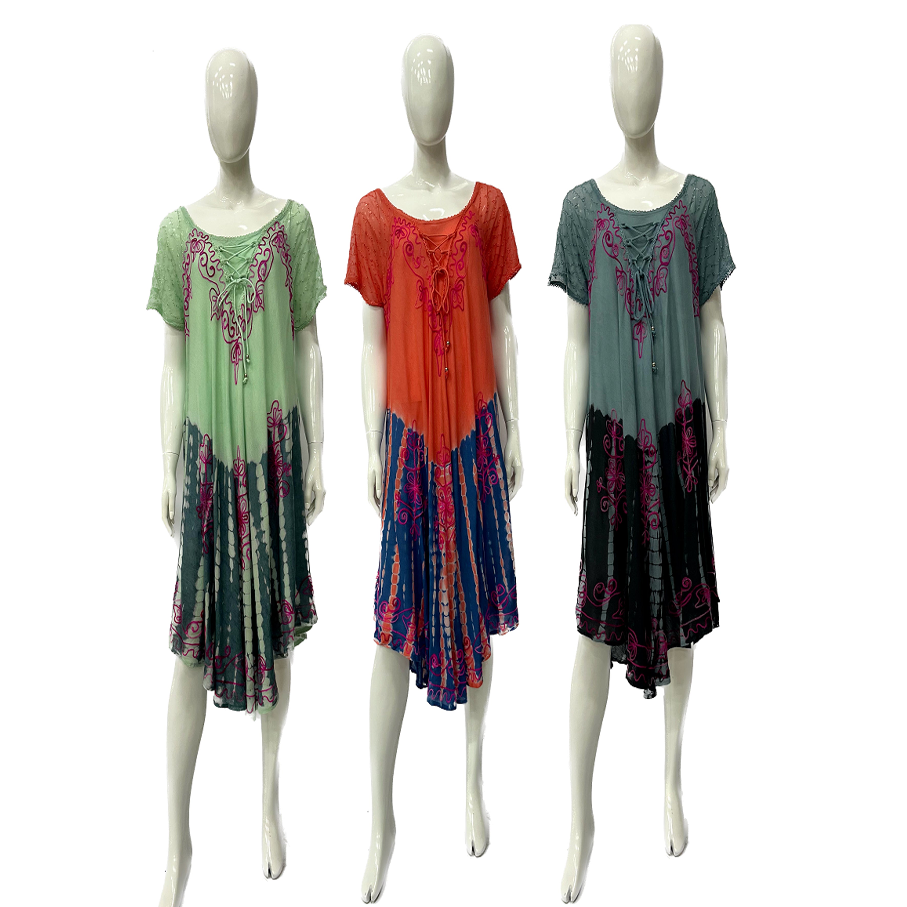 Wholesale Women's Dresses Rayon Raglan S-S Tie Dye And Tie String UMBRELLA Dress O-S 3C 6-36-Case Bo