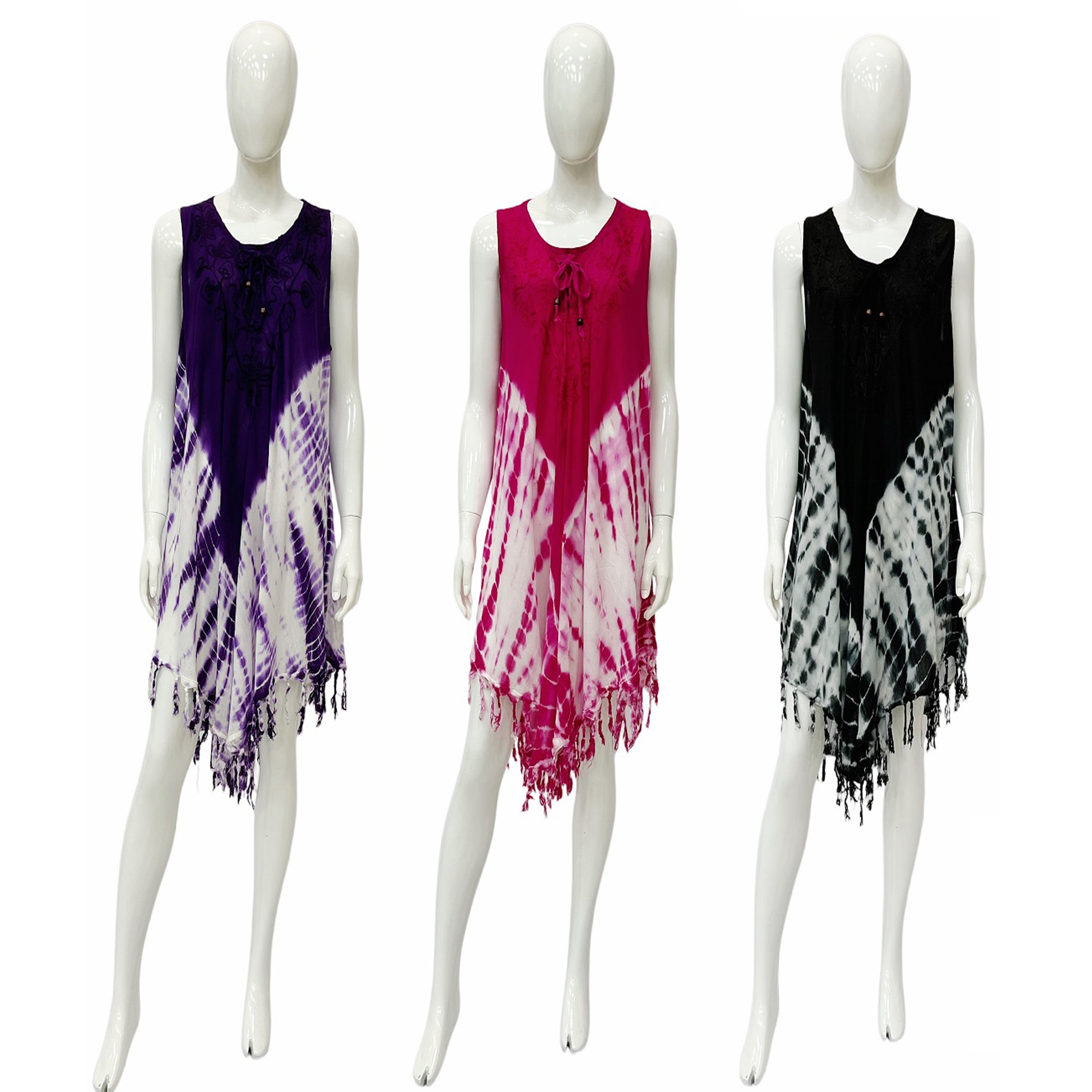 Wholesale Women's DRESSes Rayon Tie Dye Embedded With Fringed Umbrella DRESS 6-48-Case O-S 3C Sariya